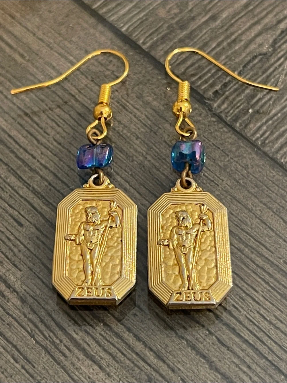 Vintage Gold-tone Rectangular Zeus Medallion Dangle Earrings
